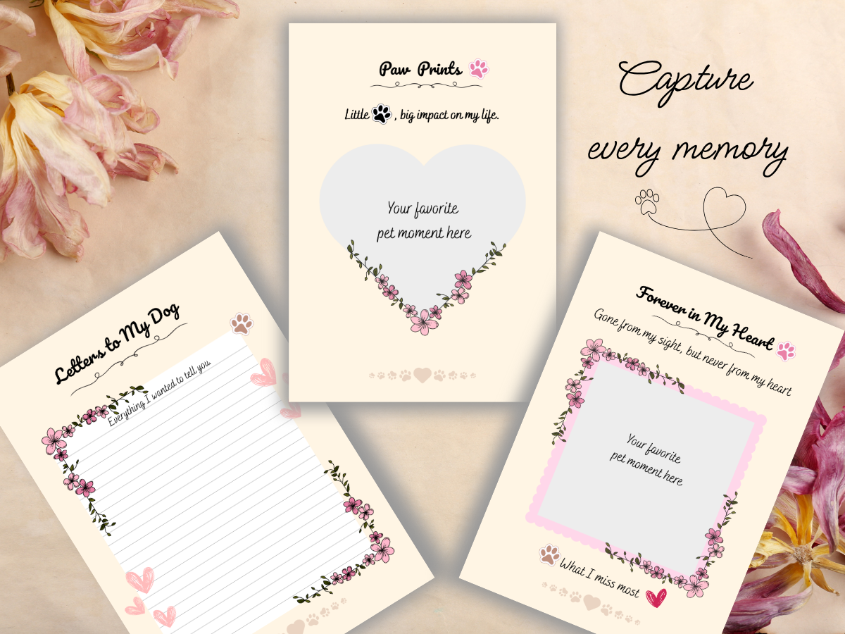 Pet grief support kit – decorated dog memory journals with quotes and layouts