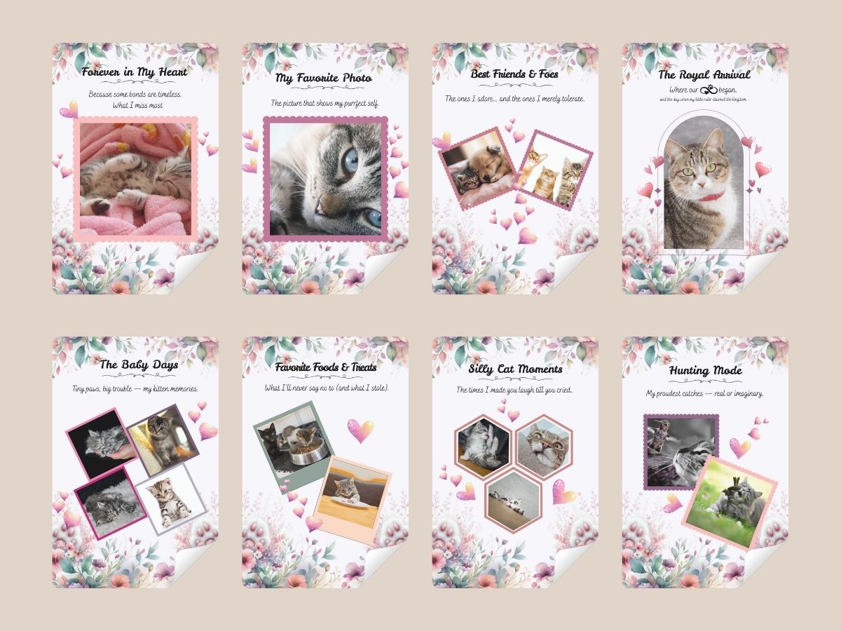 Decorated cat memory journal bundle with printable pages, scrapbook-style design