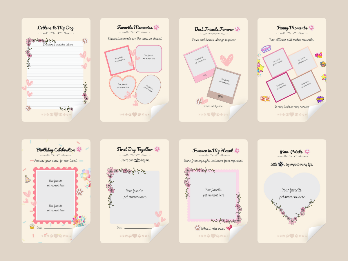 Printable and editable dog memory journal – multiple decorated pages included