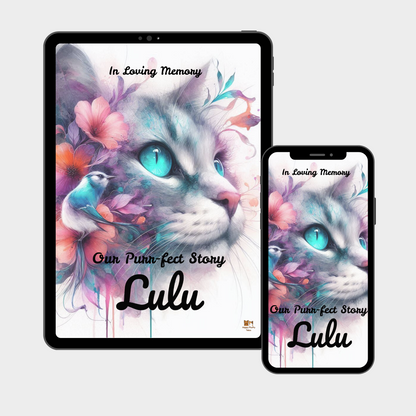 Editable cat memory journal displayed on tablet and smartphone with floral cat illustration