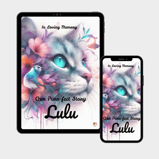 Editable cat memory journal displayed on tablet and smartphone with floral cat illustration