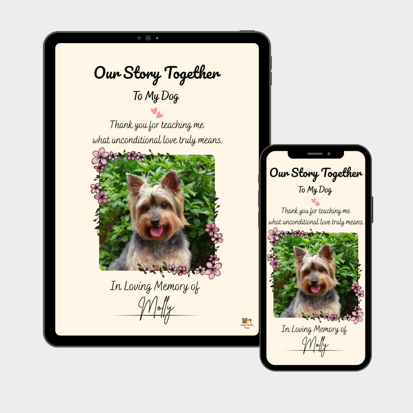 Tablet and phone mockup showing a decorated dog memory journal with floral frame