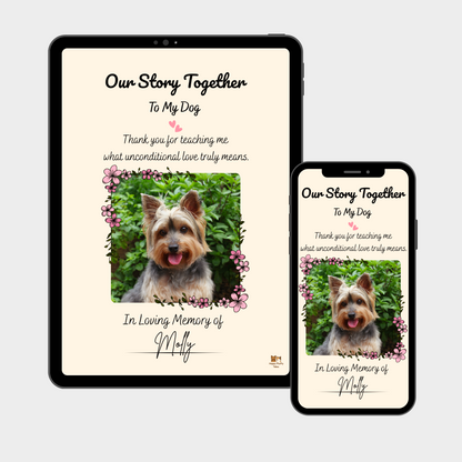 Tablet and phone mockup showing a decorated dog memory journal with floral frame