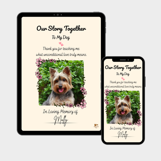 Tablet and phone mockup showing a decorated dog memory journal with floral frame