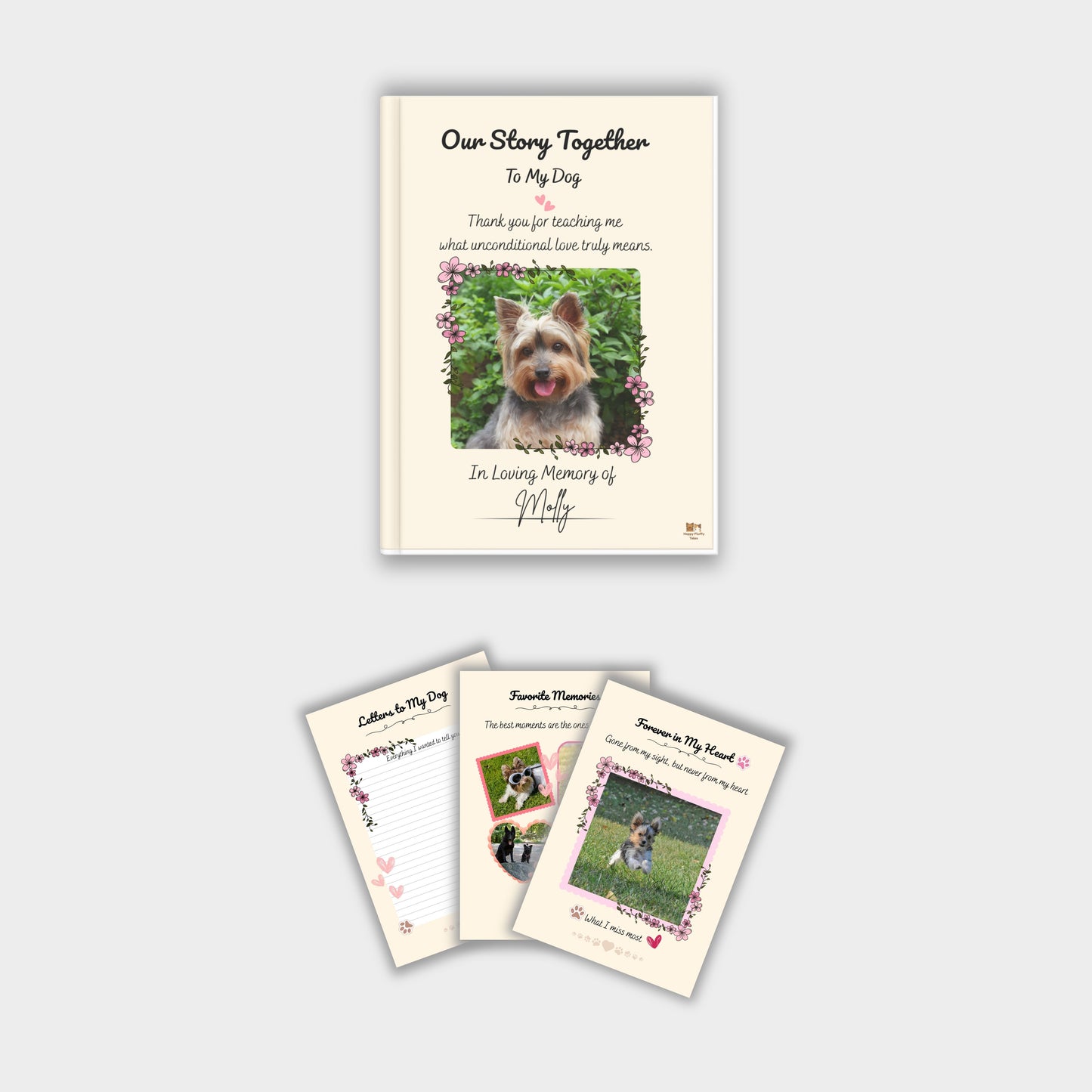 Printable decorated dog memory journal cover with floral design and pet photo placeholder