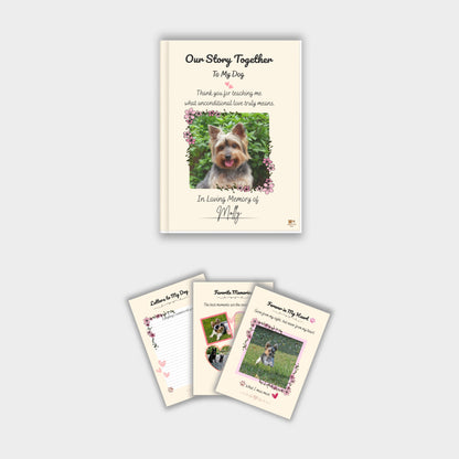 Printable decorated dog memory journal cover with floral design and pet photo placeholder