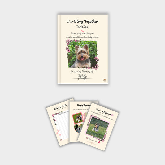 Printable decorated dog memory journal cover with floral design and pet photo placeholder