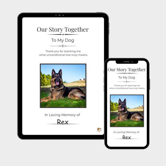 Tablet and phone mockup showing a minimalist pet memory journal for dogs