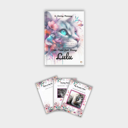 Printable cat memory journal cover with floral cat illustration and sample interior pages
