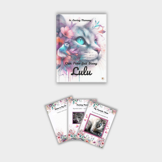 Printable cat memory journal cover with floral cat illustration and sample interior pages