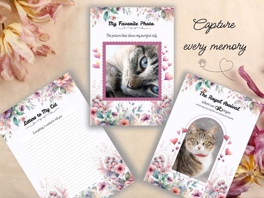 Printed cat memory journal pages with floral design displayed on desk