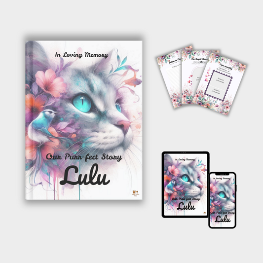 Printable cat memory journal “Lulu” with floral watercolor cat cover, preview of interior pages, and tablet & phone mockups