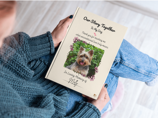 Woman using dog pet memorial journal template
