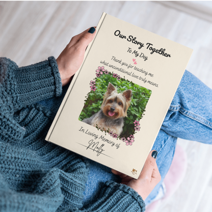Dog memory journal printed and placed on a blanket – decorated style